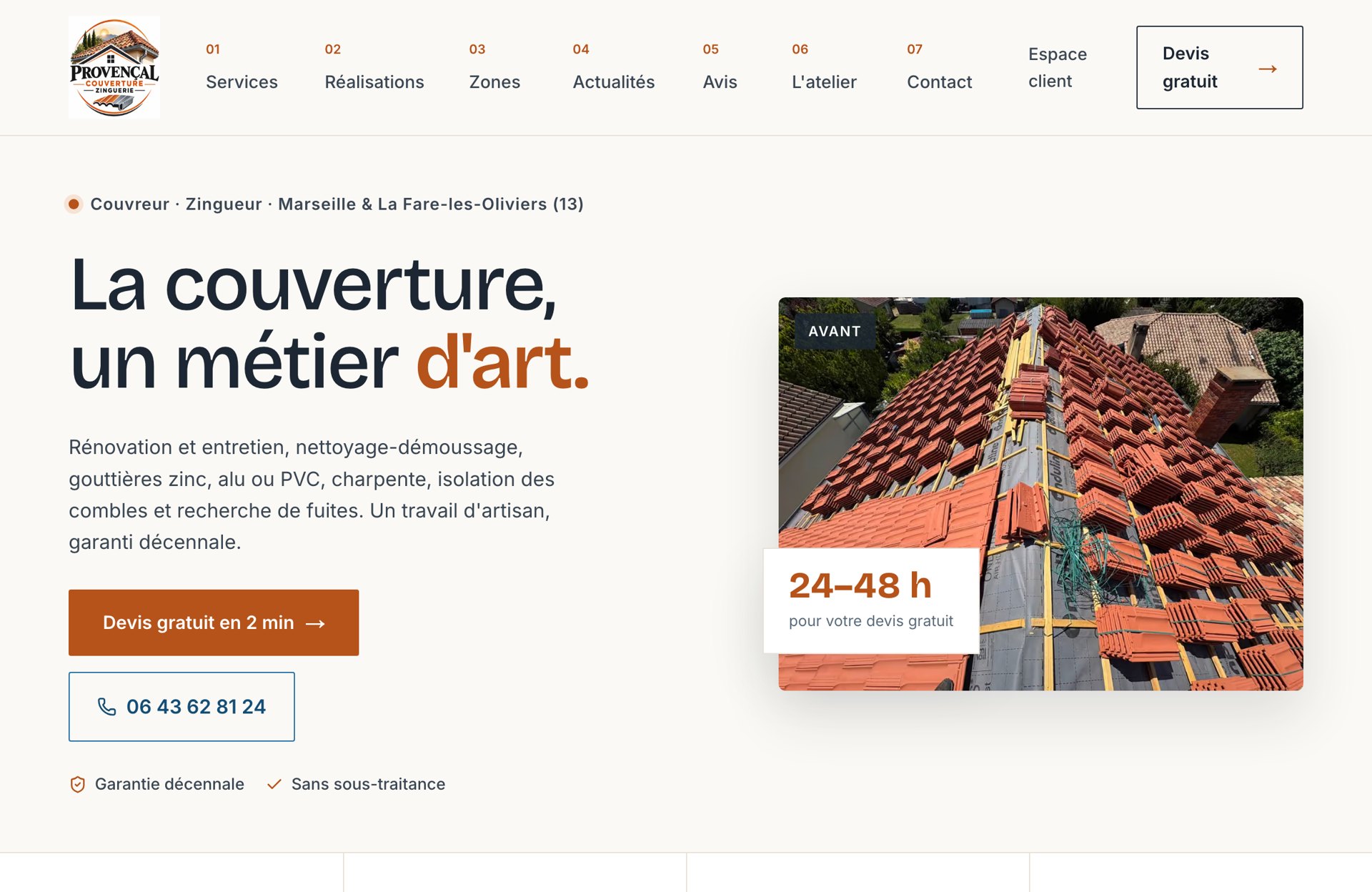 Provençal Couverture — page d'accueil : « La couverture, un métier d'art » (couvreur à La Fare-les-Oliviers)