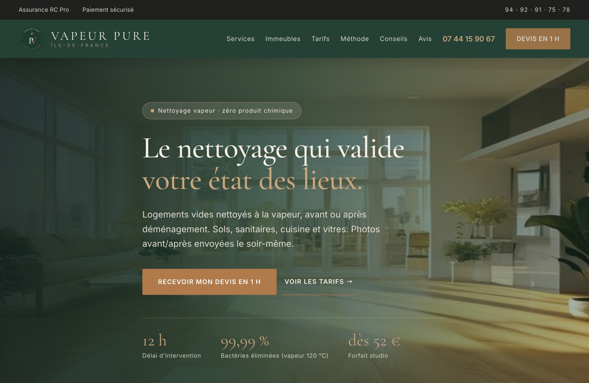 Vapeur Pure — page d'accueil : « Le nettoyage qui valide votre état des lieux » (nettoyage vapeur en Île-de-France)
